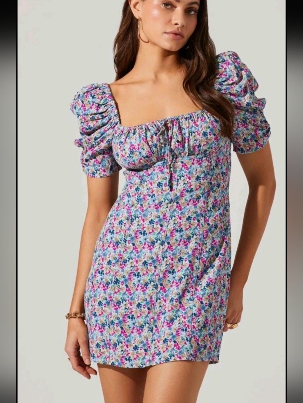 NWT ASTR the Label Puff Sleeve Minidress Blue Fuchsia Floral X-Small Romantic